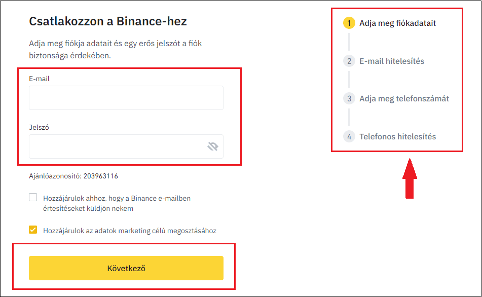 Binance fiók létrehozása