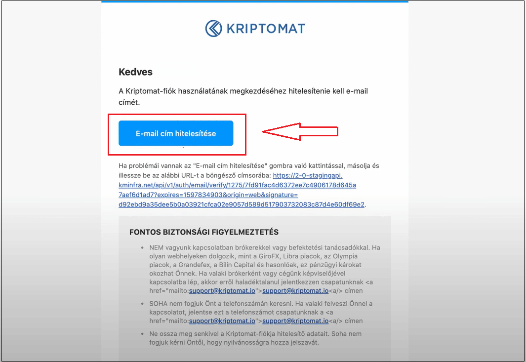 Kriptomat e-mail cím hitelesítése