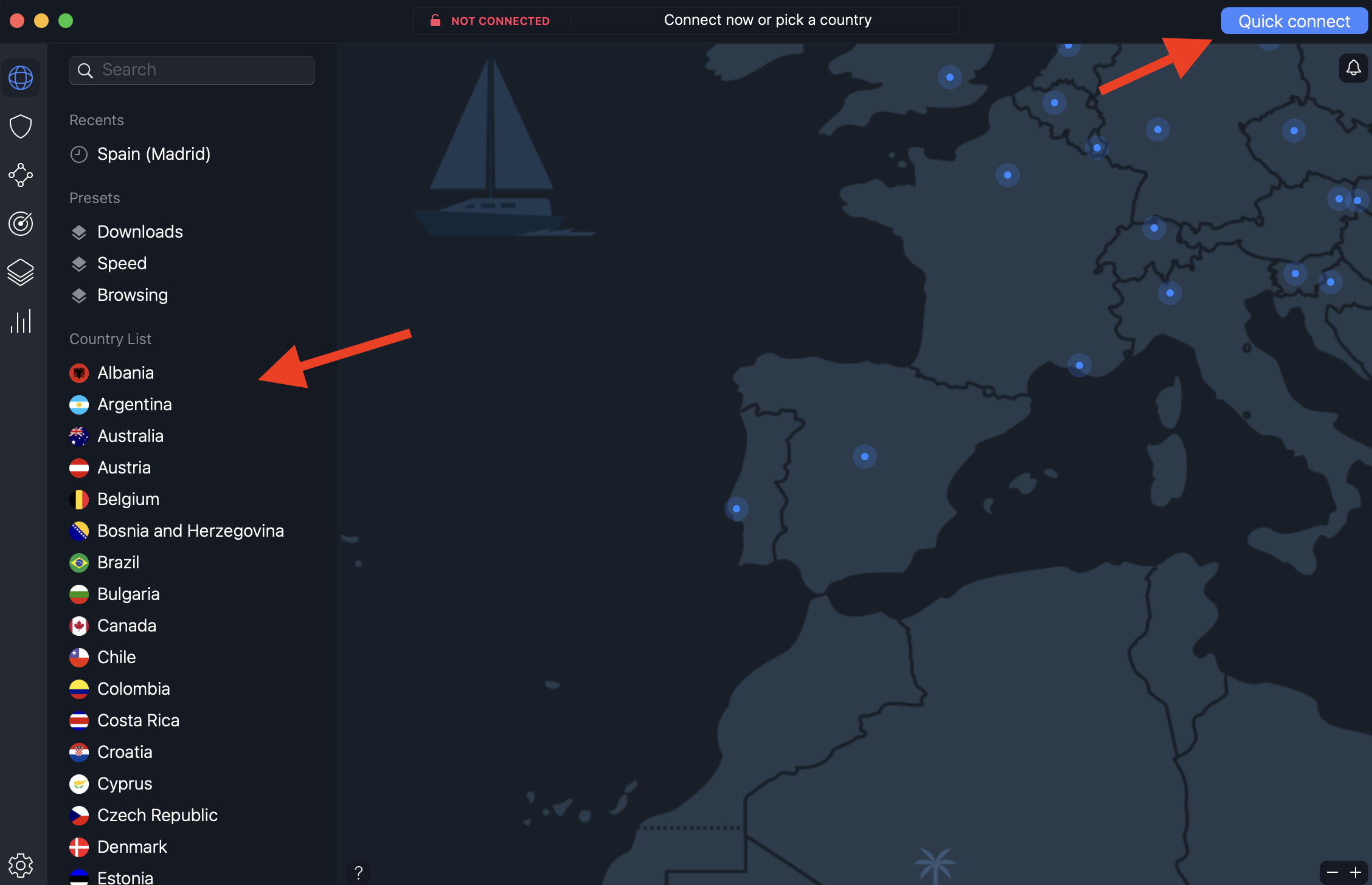 NordVPN program felülete