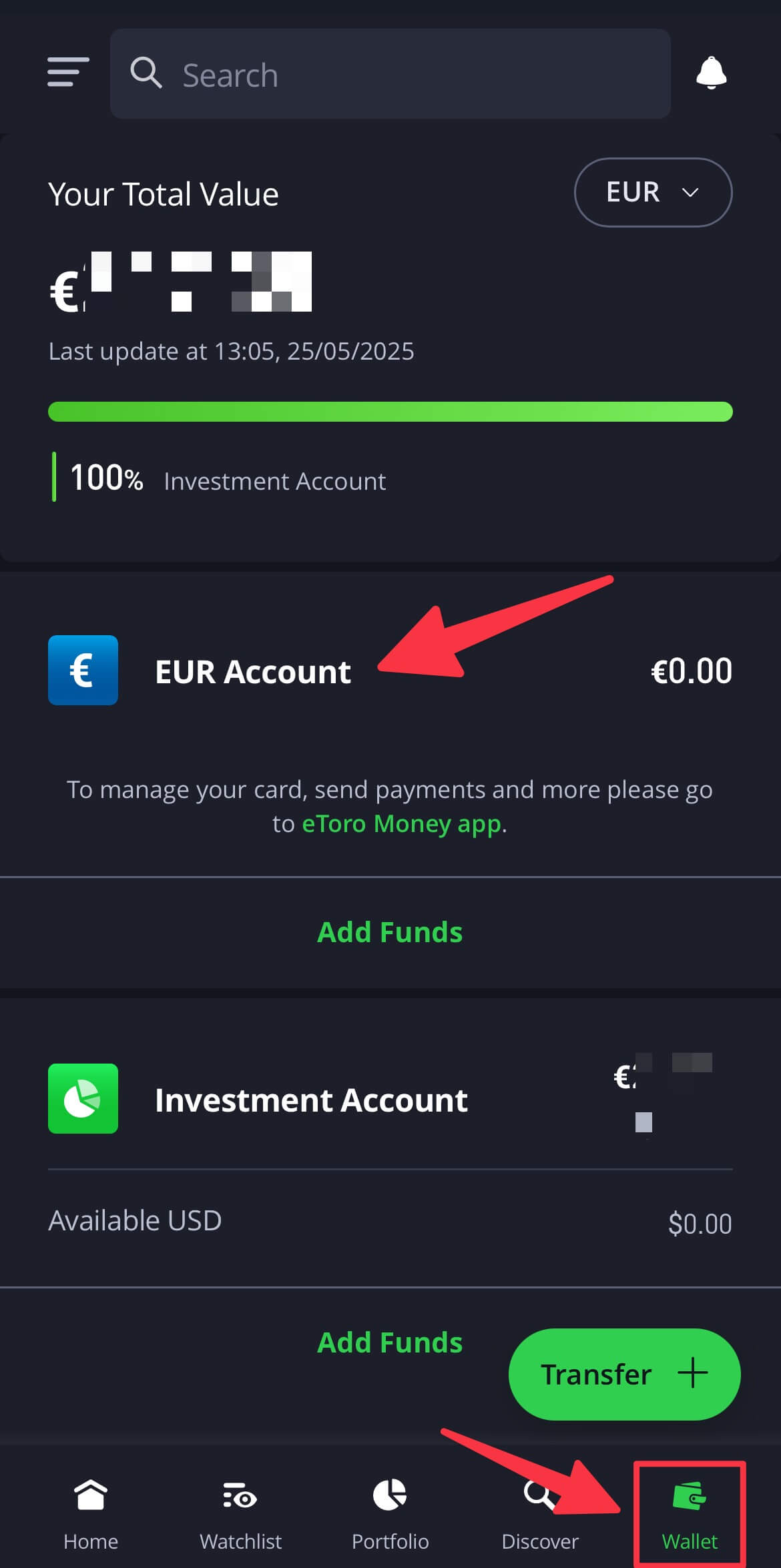 eToro wallet menüpont
