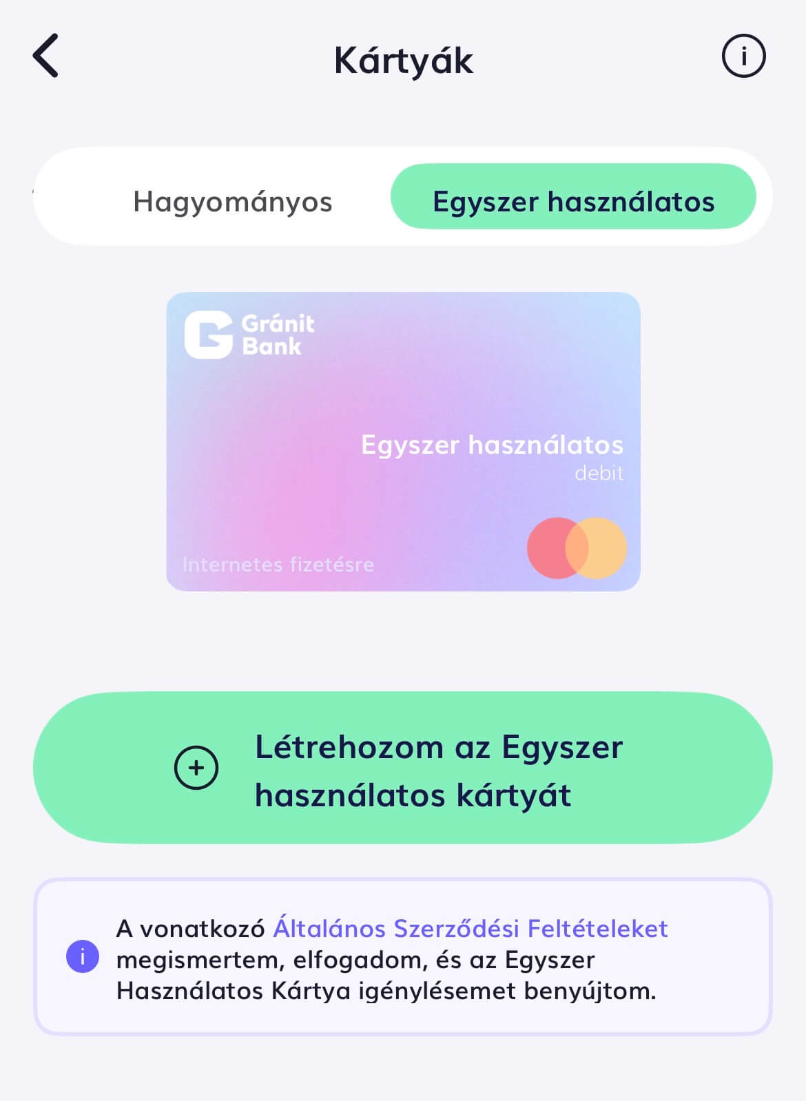 Gránit Bank egyszer használatos kártya kétrehozása