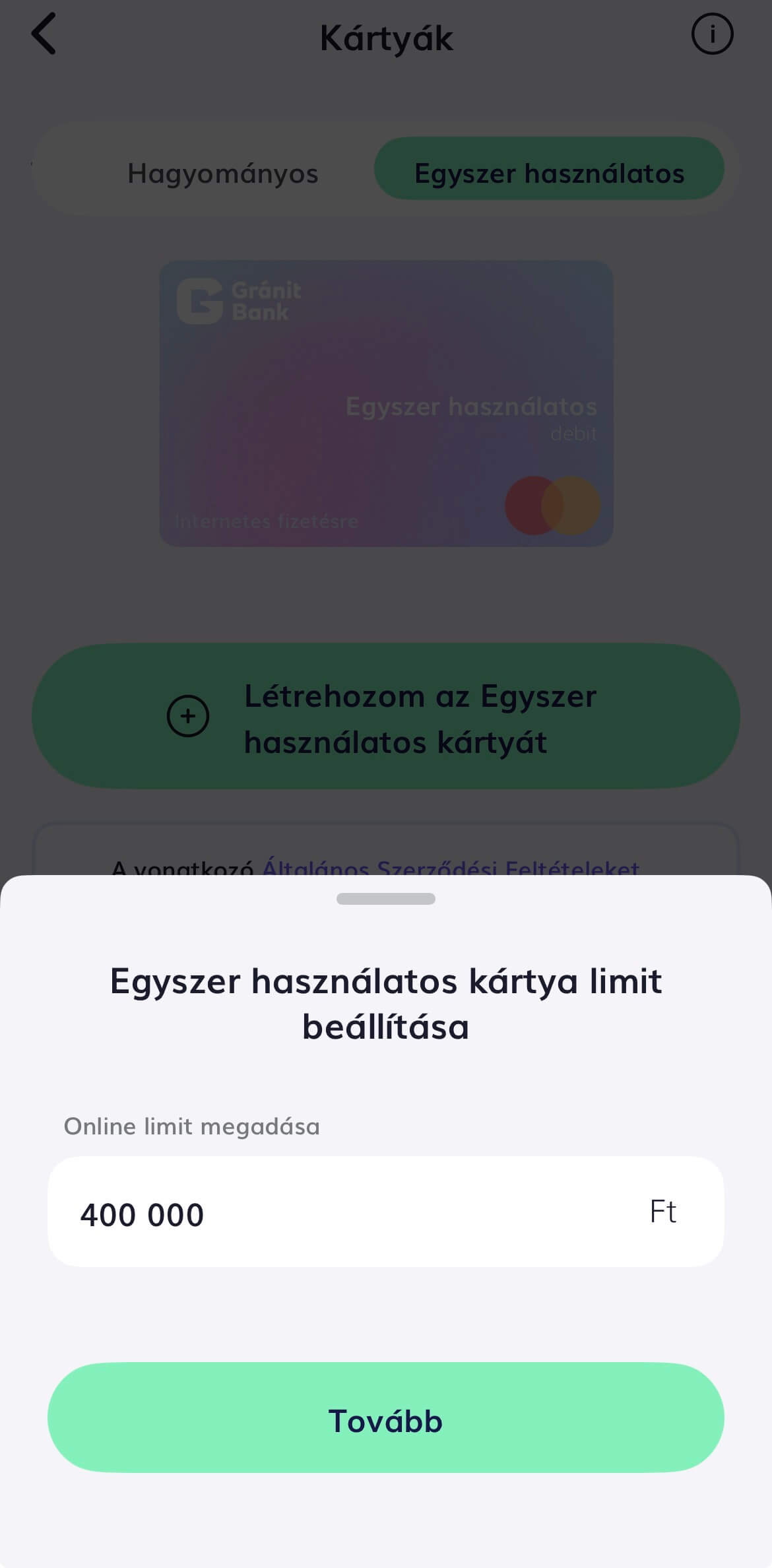 Gránit egyszer használatos kártya limit beállítása