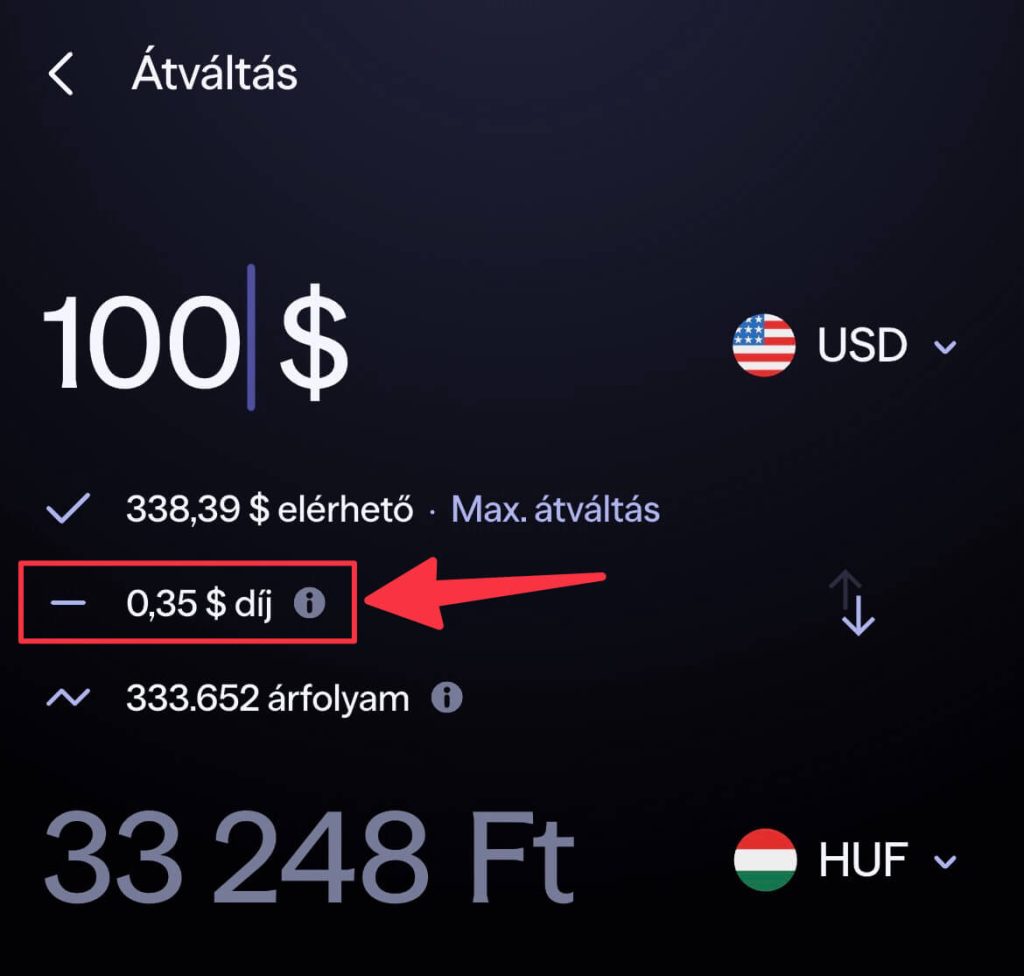 Lightyear devizaváltás díjának megjelenítése