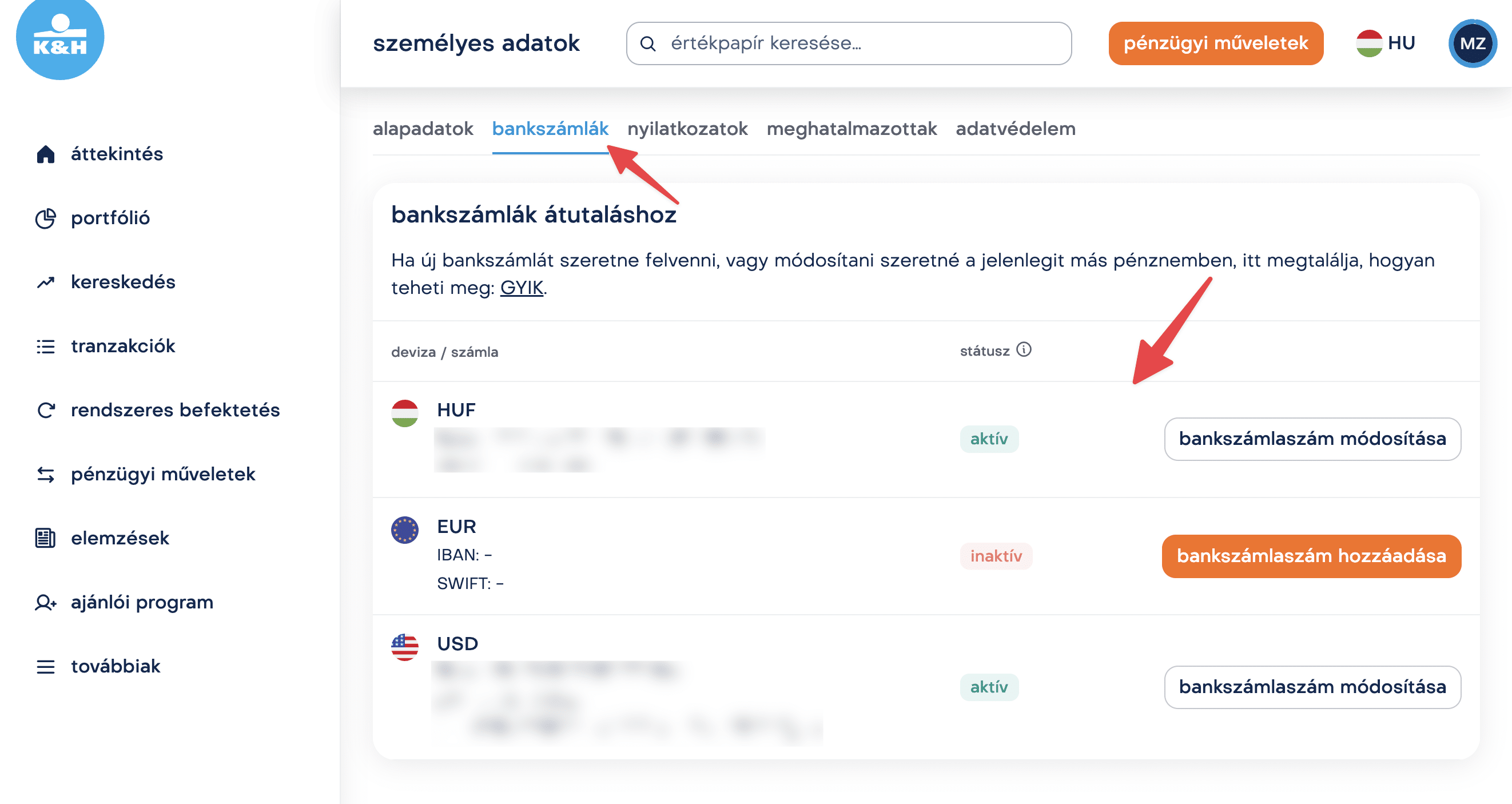 K&H Értékpapír bankszámla hozzáadása és módosítása